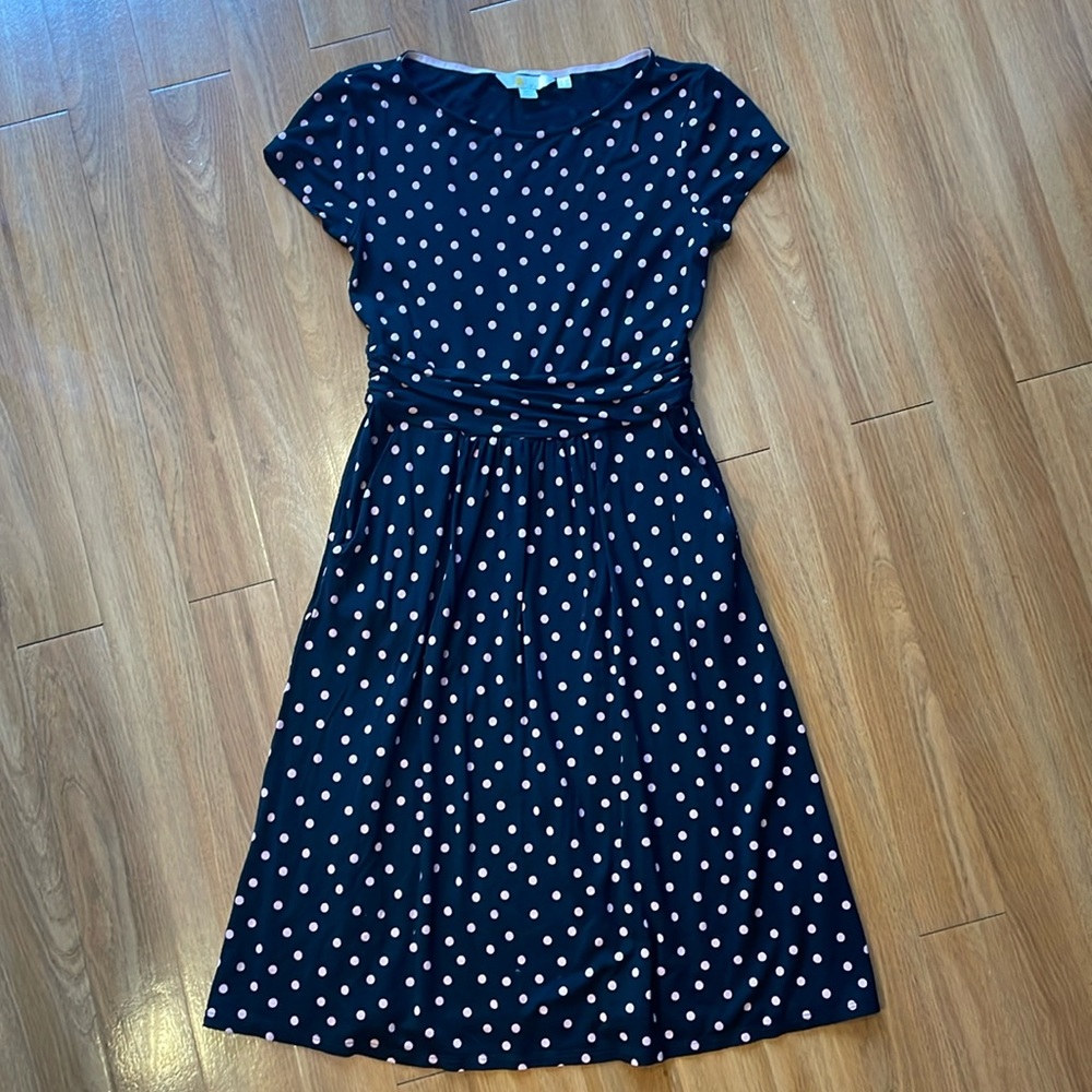 Boden Amelie Jersey Dress, Black with Pink Polka Dot, 2R